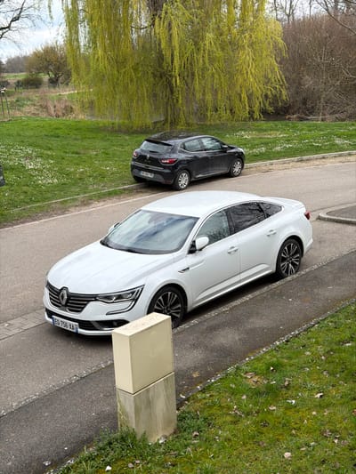 The scene depicts an outdoor environment in Eschau, France, on what appears to be an overcast day. Two passenger vehicles are parked on the side of a paved road.
In the foreground, a light beige utility box, mounted on a concrete base, stands on a grassy verge adjacent to a paved sidewalk. Immediately behind this box, a white four-door Renault Talisman sedan is parked facing left, displaying French license plate "EQ-756-XA" on its front bumper. Its wheels are multi-spoke dark alloy.
Further down the same road, a dark-colored (likely black) four-door Renault Clio hatchback is parked facing right, with its rear visible. It bears the French license plate "CB-484-TM" and has standard silver-colored wheels. The road surface is asphalt.
To the left of the road and behind the parked vehicles is a wide grassy area covered with numerous small white flowers, resembling daisies. A prominent large tree with bright yellow-green weeping foliage stands in the mid-ground. Behind this tree and the grassy expanse, a narrow body of water, possibly a canal or small river, is visible. The background consists of a dense line of deciduous trees with bare branches, suggesting early spring, under an overcast sky. No individuals are present in the scene.