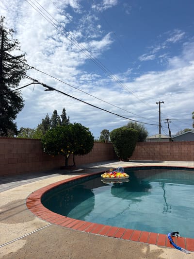 The image depicts a backyard swimming pool in Covina, California, on a cloudy day with patches of blue sky. A brick wall encloses the yard, with a mature citrus tree bearing fruit and a dense green bush visible. Overhead, power lines crisscross the sky, supported by utility poles in the background. A yellow and red inflatable pool float is partially submerged in the turquoise water, and a blue snorkel and mask lie on the pool deck.