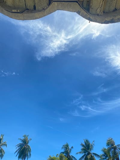 The image shows a view towards the sky. In the upper right and lower right, palm trees are visible. In the upper left, there is a section of a gray, weathered concrete structure with visible layers and cracks. The sky is blue with wispy white clouds. The location is Seuneubok Teungoh, Indonesia.