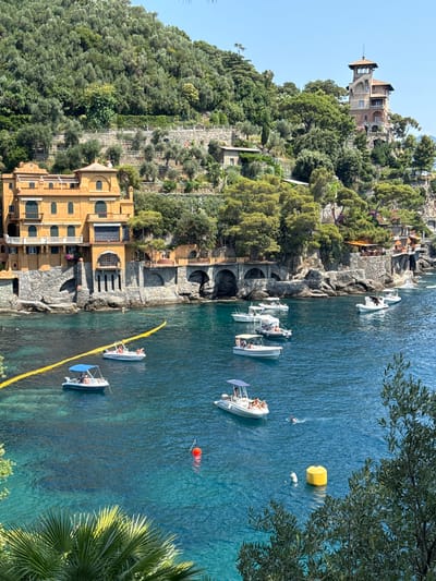 This media file depicts a scenic view of Portofino, Italy, with a focus on the juxtaposition of a densely vegetated hillside, traditional Italian architecture, and the clear blue waters of the Ligurian Sea. The hillside is covered in lush green trees and shrubs, with stone walls and terraced gardens visible. Several buildings are nestled into the slope, ranging from smaller stone structures to a prominent, multi-story yellow building with arched windows and balconies. A larger, more ornate building with a tower is situated higher up on the hill, surrounded by greenery.
The sea is dotted with several small boats, some with people on board enjoying the sunny weather. One boat appears to be a small motorboat, while others are more like dinghies or small yachts. There are also a few individuals swimming or wading in the water. A bright yellow buoy floats in the sea, along with a red marker. A bright yellow rope or line is stretched taut across a portion of the water, possibly indicating a swimming area or a mooring line. The scene suggests a leisurely day with people enjoying recreational activities by the sea.
The time of day appears to be daytime, likely late morning or early afternoon, given the bright sunlight casting shadows and illuminating the water. The weather seems to be clear and warm, conducive to outdoor activities. The presence of palm fronds in the foreground further suggests a Mediterranean climate. The overall mood is tranquil and picturesque, capturing the charm of the Italian Riviera. No visible text is present in the image.