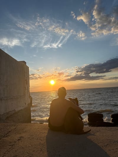 The image depicts a tranquil scene at sunset on the coast of Zatoka, Ukraine. A person, silhouetted against the setting sun, sits with their arm around a dog. They are positioned on a concrete embankment overlooking a body of water, likely the Black Sea. To the left, a weathered concrete structure, possibly part of a pier or breakwater, dominates the frame. The water is calm with gentle waves lapping at the shore. The sky is a canvas of warm oranges and yellows from the setting sun, transitioning into shades of blue with scattered clouds. Several stacked tires are visible along the water's edge to the right, hinting at a functional or industrial element of the location. The overall atmosphere is one of quiet companionship and appreciation for the natural beauty of the coastal sunset.