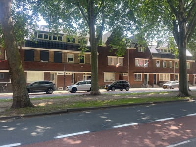 The image depicts a street scene in Venlo, Netherlands. A row of brick apartment buildings with dark tiled roofs lines the right side of the street, partially obscured by the canopy of a large, leafy tree on the left. Several cars are parked on the street in front of the buildings, including a dark SUV, a white SUV, and a silver sedan. A bicycle is also visible near the entrance of one of the buildings. The street is paved with asphalt and features a red-colored bike lane. The environment appears to be a residential area, with mature trees and well-maintained buildings. The sky is visible through the tree's leaves, suggesting it is daytime.