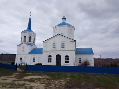A white Orthodox church with striking blue roofs and domes stands prominently under an overcast sky. Located in Yablonovo, Russia, the church features a tall bell tower on the left with a pointed blue spire topped by a cross, and a larger central section with a blue dome. The building is painted entirely white, with multiple windows that are a mix of arched and rectangular shapes, fitted with white frames. Some sections of the bell tower show signs of wear or peeling paint.

In the foreground, a bright blue corrugated metal fence stretches across the frame, with a black, ornate metal gate positioned towards the left. A dirt path and patches of green grass are visible on the ground in front of the fence. A single person, dressed in dark clothing, is seen walking away from the camera behind the blue fence, near the gate.

The background on the left reveals a dense line of bare trees, indicating a wooded area or forest. On the right, utility poles and wires are present against a gently rising, sparsely vegetated hillside. The sky is uniformly grey and cloudy, suggesting an overcast day, likely during a cooler season such as late autumn or early spring given the appearance of the trees. There is no visible text in the image.