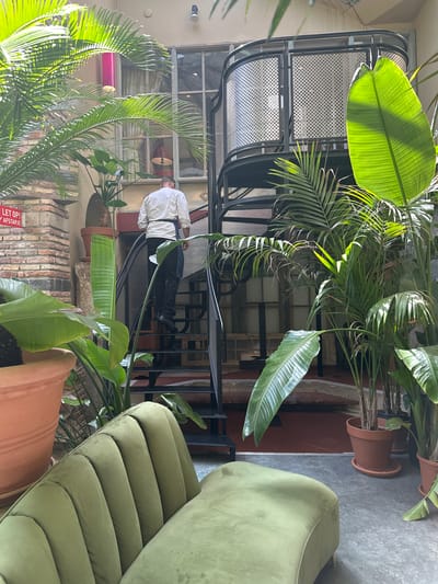 A person in a white chef's coat and dark pants walks up a spiral staircase in a lush indoor courtyard. The staircase is made of dark metal with a perforated metal railing. Large tropical plants, including palm trees and bird of paradise plants, are abundant throughout the space, some in large terracotta pots. A tufted, olive-green sofa is visible in the foreground. The courtyard has exposed brick walls and large windows. A red and white sign reading "LET OP! AFSTAPJE" is affixed to a brick pillar on the left. The scene appears to be the inner courtyard of a restaurant or hotel, possibly at Museumkwartier 4 in Zwolle, Netherlands, which houses a restaurant named "Restaurant Worstenbrood."