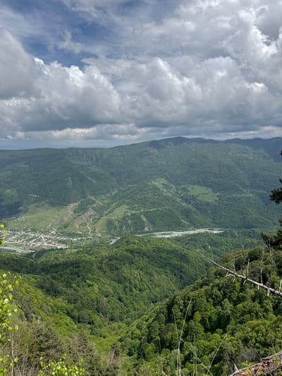The image captures a panoramic view of a lush green valley in Nizhnyaya Teberda, Russia, under a dramatic sky filled with white and gray clouds. In the foreground, dense, vibrant green foliage blankets the steep slopes of the valley. A dry, bare branch juts out from the right side of the frame, contrasting with the living greenery. Further into the valley, a winding river reflects the sky and the surrounding trees, its waters appearing light blue and white. Along the riverbanks and nestled within the valley floor lies a small, picturesque town. The town is characterized by numerous houses with red roofs, clustered together and connected by roads. Beyond the immediate valley, rolling mountains covered in a dense carpet of green forest stretch towards the horizon. The overall scene evokes a sense of natural beauty and rural tranquility.