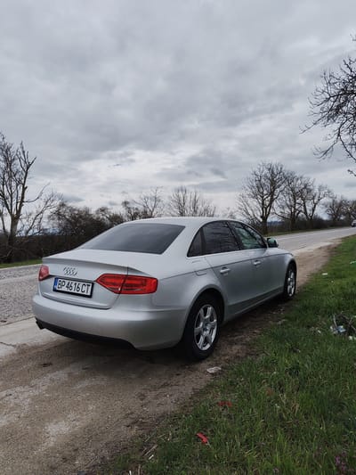 A silver Audi A4 sedan is parked on the shoulder of a road in what appears to be a rural area, possibly near Borovan, Bulgaria, judging by the Bulgarian license plate "BP 4616 CT". The vehicle is angled towards the viewer, showing the rear and right side. The road is asphalt, but it is cracked and deteriorating. The shoulder is a mix of dirt and grass, with some scattered trash visible. The sky is overcast with gray clouds. Bare trees line the roadside, characteristic of late fall or early spring. Another vehicle is visible in the far distance on the road.