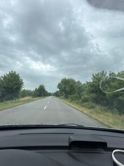 The image shows a view from the driver's seat of a car on a paved road. The road is wet, suggesting recent rain, and has a white dashed line down the center. On either side of the road are grassy verges and dense green trees. The sky is overcast with heavy grey clouds. The dashboard of the car is visible in the foreground, with a dark grey, textured surface and a small, dark rectangular housing with red digital text displaying "3002" in what appears to be Cyrillic. The context of Orizari, Bulgaria is implied by the vehicle's likely location.