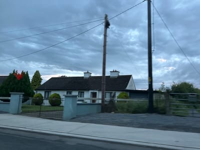 The image shows a low-angle, exterior, daytime view of a residential property on the outskirts of Rathvilly, Ireland, under a cloudy sky. The foreground features a grey concrete sidewalk and a dark grey asphalt road. A grey wall with a black metal gate encloses the property. To the left, a large evergreen tree with a vibrant red topping is visible. Two evenly trimmed, rounded green bushes are situated in the front yard. The house is a single-story, white-painted structure with a dark tiled roof. It has several windows and two white chimneys. A tall wooden utility pole with visible cables runs vertically through the scene, obscuring part of the house and sky. The background consists of more trees and vegetation, as well as a metal gate and fencing to the right.