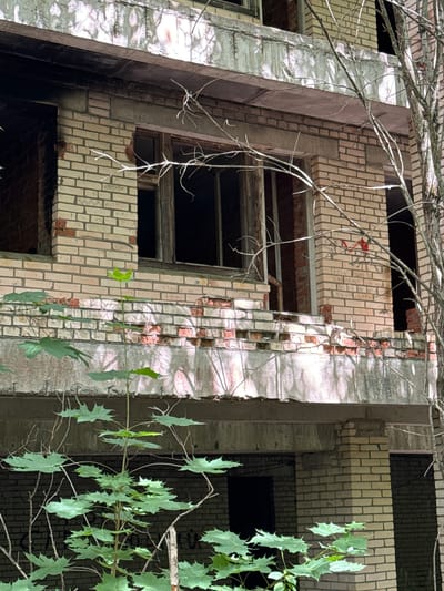 In Interkompleks, Russia, an abandoned multi-story brick building stands weathered and decaying. The facade features light-colored bricks with exposed red brickwork in areas of damage. Large, dark, empty window frames punctuate the structure, some with remnants of wooden casings. A concrete balcony or ledge extends from the upper story, showing signs of crumbling and deterioration. In the foreground, lush green foliage with large, lobed leaves emerges, partially obscuring the lower levels of the building. Bare tree branches, silhouetted against the structure, further emphasize the scene of abandonment and nature reclaiming the man-made environment. Graffiti is visible on some of the brick surfaces.