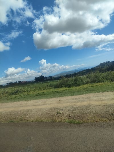 The image depicts a landscape in Kibirichia ward, Kenya. The foreground shows an asphalt road transitioning into a dirt path. Adjacent to the path is a grassy area interspersed with vegetation. Beyond that, there is a field of cultivated crops and scattered trees. In the distance, a range of hills is visible under a blue sky with scattered clouds. No people or animals are visible in the scene.