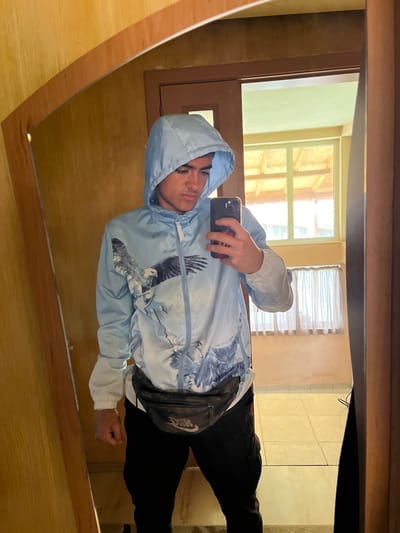 The image displays a mirror selfie of a young man, presumably taken indoors in Slivo Pole, Bulgaria. The man, seen from the chest down, is wearing a light blue hooded windbreaker jacket featuring a large white and grey eagle graphic spread across the chest and one sleeve. He also wears black pants and a black fanny pack, which is prominently positioned across his torso, displaying a white "Nike" logo. In his right hand, he holds a black smartphone, using it to capture his reflection. His expression is neutral as he gazes towards the phone's camera lens.
The background, reflected in the mirror, reveals a brightly lit interior. On the right, a large window fitted with white horizontal blinds allows abundant natural light into the room, indicating it is daytime with sunny weather. Another window partially visible shows an indistinct outdoor area, possibly featuring another structure. The walls appear to be painted in light, warm tones, and portions of light-colored tiled flooring are visible. The mirror itself is bordered by a dark wooden frame, and the immediate surroundings feature lighter wooden paneling. The scene suggests a modern indoor setting, possibly a hallway or a room with a large wall mirror.