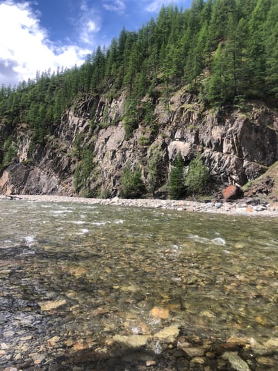 A clear, shallow river flows in the foreground, its rocky bed visible beneath the rippling surface. The water is slightly green and reflects the sky and surrounding landscape. The riverbanks are lined with a mixture of smooth and rough stones. To the right, a large, reddish-brown boulder rests on the bank. Beyond the river, a steep, rocky cliff face rises, its surface weathered and uneven. Lush green coniferous trees cover the upper slopes of the cliff, their dense foliage contrasting with the bare rock. The sky above is a bright blue with scattered white clouds. The scene appears to be a natural landscape in a mountainous or hilly region. While the location is stated as Tyoply Klyuch, Russia, there are no specific urban elements or landmarks visible in the image to confirm this.