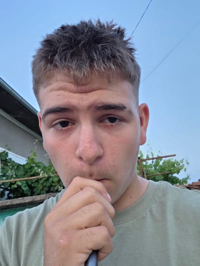 A close-up, eye-level shot captures a young Caucasian male, appearing to be in his late teens or early twenties, looking directly at the camera with his hand raised to his mouth. His hair is short, styled upwards, and appears to be dark brown with lighter streaks. He has light skin and is wearing a plain, light green t-shirt. The background suggests an outdoor setting, possibly a backyard, with greenery and a portion of a building visible. The sky is a light blue, indicating it is daytime. The subject is positioned centrally in the frame, with a slight tilt to the right. His expression is neutral, perhaps thoughtful or contemplative, as he rests his fingers on his lips. The lighting is natural, illuminating his face evenly, and there are no visible shadows that would suggest harsh sunlight. The overall composition is simple and focused on the individual. The image does not contain any specific indicators of the location being Aleksandrovo, Bulgaria.