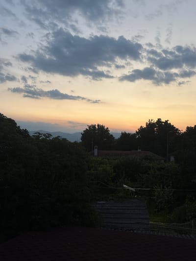 The image depicts a landscape scene at dusk, likely in or near the city of Vidin, Bulgaria, given the context. The sky is filled with a gradient of colors, transitioning from pale yellow and orange near the horizon to darker blues and grays at the top, with scattered clouds visible. In the middle ground, a dense arrangement of dark green trees forms a natural barrier. Several houses with red-tiled roofs and chimneys are nestled amongst the trees. In the far distance, a range of hazy, blue mountains is visible against the sky. The foreground shows parts of rooftops, one appearing to be made of dark, textured material, possibly slate or asphalt shingles. The overall atmosphere is serene and hints at a rural or semi-rural setting on the outskirts of a city.