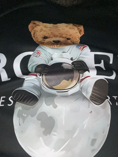 The image shows a graphic of a teddy bear dressed as an astronaut, sitting on a stylized representation of the moon. The teddy bear has brown fur and is wearing a white and light blue spacesuit with black gloves and boots. An American flag patch is visible on the left sleeve of the spacesuit. The bear is holding a helmet in its lap. Behind the bear, large white letters are partially visible, with a white "R" and "C" on the left side of the frame, and a white "E" and "T" on the right. The background is black. There is no visible indication of a specific location in Rosenovo, Bulgaria.