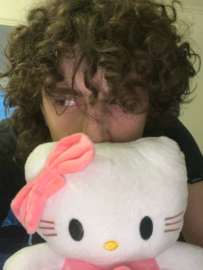 A person with curly brown hair is holding a white Hello Kitty plush toy with a pink bow close to their face. The person's face is partially visible, showing an eye and part of their mouth. They are wearing a black shirt. The background is blurry and indistinct. There is no visible information to identify the location as Bahía Blanca, Argentina.