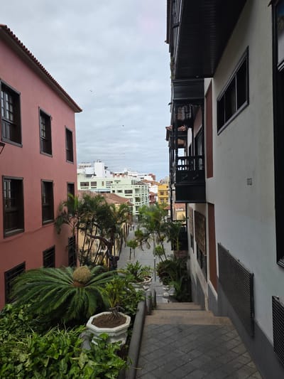 The image depicts a view down a street in Puerto De La Cruz, Spain, with buildings on either side. On the left, a salmon-pink building with multiple dark-framed windows occupies the foreground. On the right, a white building with dark-framed windows and a dark wooden balcony with intricate detailing is prominent. A set of paved stairs descends between the two buildings into the street, which is lined with palm trees and other greenery in planters. The street itself recedes into the distance, showing more buildings and some paragliders in the cloudy sky. The overall scene suggests a warm climate and a somewhat historic urban environment.