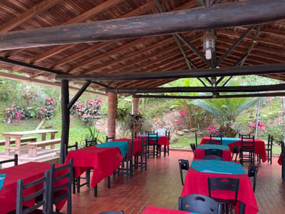 The image depicts an unpopulated, semi-open-air dining area in Girón, Colombia, set within a verdant outdoor environment. The structure features a substantial wooden-beamed roof with visible planks, supported by dark wooden posts and at least one brick column. A single, unlit lantern-style fixture hangs from the central apex of the roof. The floor throughout the dining area is paved with reddish-brown terracotta tiles.
Multiple square and rectangular dining tables are arranged across the tiled floor. Each table is covered with a red tablecloth, overlaid by a smaller, rectangular teal fabric. Dark-colored chairs are positioned around these tables, indicating seating for multiple patrons. To the far left, a light-colored wooden picnic table with integrated benches is situated on a slightly elevated platform. The background consists of a dense, multi-tiered garden landscape, featuring various green plants, large-leafed tropical flora, shrubs with red-purple foliage, and a visible stone retaining wall or natural rock formation. No individuals, actions, or interactions are present in the scene.