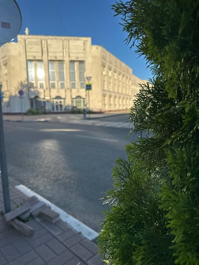 The image shows a street scene with a building in the background and a tree in the foreground. The building is a light-colored, rectangular structure with multiple windows. The street is paved with asphalt and has white lane markings. A sidewalk with brick paving stones is visible on the left side of the street. There are some bricks stacked near the curb. A blue sky with a few wispy clouds is visible above the building and tree. The image appears to have been taken during the daytime, with sunlight casting shadows on the street and building. The location is identified as Yazvitsevo, Russia.
