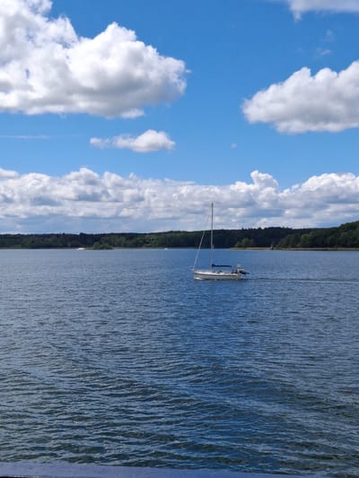 The image captures a serene outdoor scene attributed to Mörkö, Sweden, focusing on a body of water under a bright, partly cloudy sky. The upper portion of the frame features a clear blue sky interspersed with numerous white, puffy cumulus clouds of various sizes, some casting subtle shadows indicating depth and sunlight.

At the distant horizon, a dense, dark green forest stretches across the entire width of the frame, suggesting a heavily wooded shoreline or island. Towards the center-left along this forested edge, a small, light-colored patch is visible, possibly a sandy area or a distant structure.

The dominant element in the midground and foreground is the expansive, deep blue-grey water, likely a lake or a calm strait. The surface of the water is gently rippled, with small glints of light reflecting off the crests of the miniature waves.

A white monohull sailboat serves as the central subject, positioned in the midground, moving from the left side of the frame towards the right. Its tall, slender mast stands upright. The mainsail is furled and secured with a blue cover along the boom. The boat appears to be under motor power, creating a slight wake behind its stern, indicating forward motion. Indistinct figures are discernible on the deck near the stern, suggesting occupants.

At the very bottom of the frame, a dark blue, horizontal band is visible, representing a railing or the edge of a structure, from which the photograph was taken. The overall scene conveys a peaceful, recreational atmosphere on a sunny day.