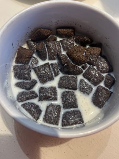 A white ceramic bowl is depicted containing a serving of dark brown, square-shaped cereal pieces submerged in white milk. The cereal pieces exhibit a somewhat porous texture, and some appear to be absorbing the milk, showing lighter areas. Small, dark crumbs are visible adhering to the interior rim of the bowl and dispersed within the milk. The milk partially covers the cereal, showing minor discoloration from interaction with the cereal. The bowl casts a shadow on a light-colored surface, likely a tabletop, beneath it. The scene is located in the city of Ancenis, France. No people or active interactions are visible.