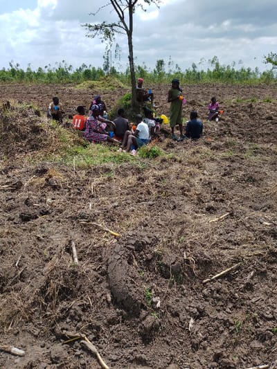 A group of people gather under a tree in a field of recently tilled soil. Some individuals are seated, while others stand. They appear to be taking a break, with drinks visible. The field extends towards a treeline in the background, under a cloudy sky. Scattered straw and upturned earth dominate the foreground. A small tire is buried in the lower center of the frame.