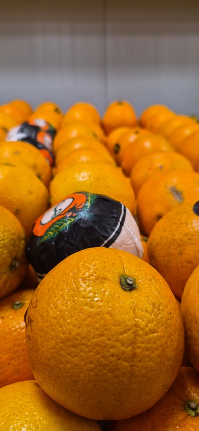 A close-up, low-angle shot showcases a pile of vibrant orange fruits, likely mandarins or tangerines, arranged in rows. The fruits are mostly out of focus, with the exception of the one in the foreground, which is sharp and fills the majority of the frame. This prominent fruit exhibits a textured rind and a small green stem. Nestled among the fruits is one that is partially wrapped in black and orange packaging, featuring a graphic design. The background is blurred and appears to be a light gray, possibly a shelf or wall, suggesting this scene is likely set in a grocery store or market. Given the context provided, this image was taken in Navalcarnero, Spain.