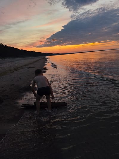A young boy, seen from behind, stands at the edge of the water on a sandy beach, near a dark-wooded shoreline. He is wearing dark swim trunks. His feet are in the shallow water where gentle waves lap the shore. The boy appears to be looking out at the sea.

The sky is dramatic with a sunset, showcasing vibrant orange and yellow hues near the horizon, transitioning to pinks and purples higher up, with scattered dark clouds. The water reflects the colors of the sunset, creating a shimmering effect on its surface. The overall mood is serene and peaceful, with a hint of childlike wonder. The time of day is clearly sunset. The location appears to be a coastal area, with a beach and a line of trees indicating a wooded coastline. There is a fallen log in the water near the boy, possibly a prop or a natural element of the beach. No visible text is present in the image.