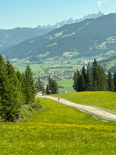 A person is riding a bicycle on a dirt path through a green meadow dotted with yellow wildflowers. In the background, a village nestled in a valley is surrounded by lush green hills and dense pine forests. Towering in the distance are majestic mountains, their peaks sharp and snow-capped, under a clear blue sky. The scene is a picturesque landscape in Reitdorf, Austria, likely during the summer months.