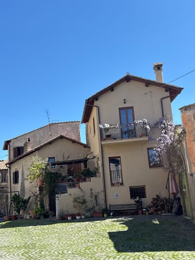 The image captures a vertical view of buildings in Castelnuovo di Porto, Italy. The structures feature beige facades, tiled roofs, and a mix of window and balcony styles. Some buildings are adorned with plants, including wisteria. A woodpile and various objects are visible near one building. The foreground features a cobblestone path with patches of green. The sky above is clear and blue. An antenna is attached to one of the buildings.
