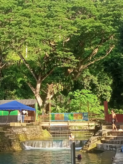 The image depicts a lively outdoor swimming area, likely a natural pool or a man-made resort, nestled amidst lush greenery. A small waterfall cascades down stone steps into a clear, shallow pool where several individuals are enjoying the water. In the foreground, a person with dark hair and a pink cap is partially submerged. Further back, another person stands in the water, their face partially obscured.
To the right of the pool, a set of stone stairs leads up to a raised area. A young man, bare-chested and wearing dark shorts, walks down these stairs. Beside him, a pair of white flip-flops rests on the step.
The background is dominated by a dense canopy of vibrant green trees, suggesting a tropical or subtropical environment. A large, mature tree with extensive branches stands prominently in the middle ground, its trunk partially covered in moss and epiphytes.
Structures are visible along the edge of the pool. On the left, a blue canopy tent with a white trim is erected over a building with a dark, tiled roof and green walls. Boxes are stacked beneath the tent. A colorful, rainbow-railed fence borders the upper part of the pool area, separating it from a walkway or seating area. A red railing is visible on the right side of this walkway.
The lighting suggests it is daytime, with sunlight filtering through the trees and illuminating parts of the scene. The overall atmosphere is one of recreation and relaxation in a natural setting. The location is identified as the city of Geundring, Indonesia.