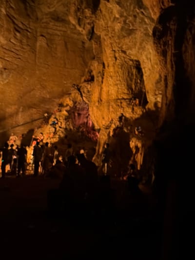 The image depicts a dimly lit cave interior, likely illuminated by artificial lighting which casts a warm, orange glow on the rock formations. The cave walls are textured and uneven, with visible strata and stalactite-like formations. In the mid-ground and background, a group of people, silhouetted against the light, are gathered. They appear to be observing something within the cave. Some individuals are holding what might be flashlights or cameras. The overall impression is that of a guided tour or a gathering of explorers within a natural cavern. The scene is dark, with large portions of the foreground obscured by shadow. The location is identified as the Guttapadu Caves in Guttapadu, India.