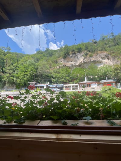 The image shows a view from a wooden structure overlooking a street scene in Narechenski Bani, Bulgaria. In the foreground, lush green plants with red flowers are visible, obscuring a wooden railing and the edge of the viewing structure. Beyond the plants, a stone wall separates the foreground from a road. Across the road, several buildings with red roofs and wooden accents are situated at the base of a steep, rocky hillside covered in dense green trees. A street lamp is visible in front of the buildings. The sky above is bright blue with scattered white clouds. String lights hang from the underside of the wooden overhang in the foreground.