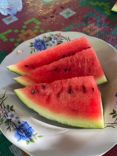 The image depicts three triangular slices of watermelon arranged on a white plate with a floral design. The watermelon is a vibrant red with visible black seeds and a light green rind. The plate itself features blue roses and other delicate flowers. The plate is resting on a patterned surface, possibly a tablecloth or mat, with geometric shapes in red, green, and yellow. In the background, a partially visible plastic bottle of water is present. The lighting suggests an indoor setting, likely a home or a casual dining area. The scene appears to be set in the city of Prabu, Indonesia, though no specific landmarks or contextual clues about the location within the city are visible in the image itself.