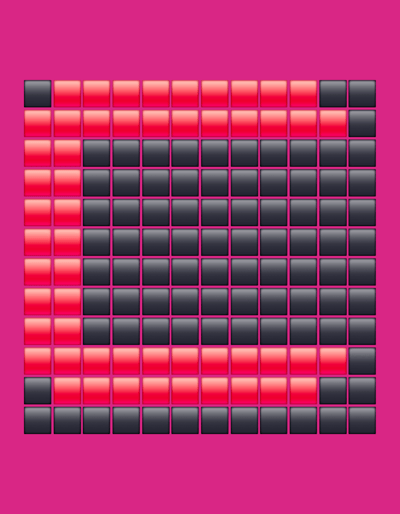 The image is a digital rendering of a grid of square cells, predominantly in shades of red and black, against a bright pink background. The arrangement of the cells forms a stylized crescent moon shape on the left side of the grid, with the rest of the grid filled with alternating red and black squares in a checkerboard pattern. The cells have a glossy, three-dimensional appearance, suggesting they are either buttons or illuminated pixels. There are no people, animals, or any elements that would place this image within a specific real-world location, including Sinzheim, Germany. The image is purely abstract and graphic.