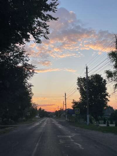 The image depicts a rural road at dusk in Onițcani, Moldova. The sky is filled with dramatic clouds tinged with orange and pink hues from the setting sun, contrasting with the darkening blue sky. Tall trees with dense foliage frame the left and right sides of the road, casting shadows. Power lines crisscross the scene, supported by utility poles. A paved road, appearing wet and reflective in places, stretches into the distance, lined by houses and vegetation. A pedestrian crossing sign is visible on the left side of the road, and another on the right. The overall atmosphere is serene and tranquil, capturing the quiet beauty of a village evening.