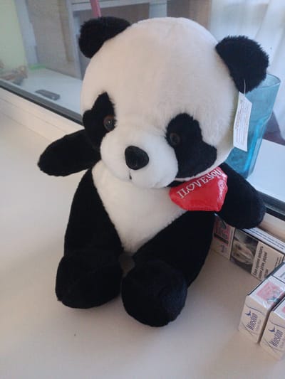 A stuffed panda bear with a red heart that says "I LOVE YOU" is sitting on a windowsill. The panda is black and white and appears to be made of soft material. The windowsill is white and there are some cigarette packs to the right of the panda. In the background, there is a blue glass and a window with a view of what appears to be a street or building. The image was taken in Balakliya, Ukraine.