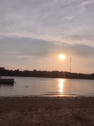 The image depicts a natural scene at dusk on the Danube River in Dunakeszi, Hungary. A sandy beach occupies the foreground, with a calm river stretching into the midground. A dark silhouette of trees lines the opposite bank, interrupted by a tall electricity pylon. The sun, a bright, luminous orb, is low in the sky, casting a shimmering reflection on the water's surface. A pontoon boat is moored near the left bank. The sky is a soft gradient of pink and gray, with wispy clouds. The overall atmosphere is serene and tranquil, characteristic of a peaceful sunset.