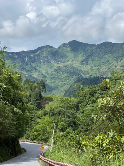 The image captures a winding asphalt road through a lush, mountainous landscape. The road curves to the left, bordered by a red and white striped guardrail and dense green vegetation. A yellow triangular warning sign with a zig-zag symbol is visible on the side of the road. Power lines run along the right side of the road, supported by a utility pole. In the background, steep, verdant mountains rise under a cloudy sky, with some terraced fields and a distant power pylon visible on the slopes. The scene is indicative of a rural, mountainous area, likely a mountain pass or a road leading through a highland region in Thuận Hòa Commune, Vietnam.