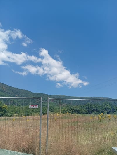 The image depicts a clear blue sky with scattered white clouds. In the foreground, a metal fence encloses a dry, grassy field with scattered yellow wildflowers. Behind the field, a dense green forest covers the side of a hill. The scene appears to be located in the vicinity of Chelopech, Bulgaria, with a sign attached to the fence bearing the logo "Miba Baugeräte - Baugerüste". The image captures a natural landscape with elements of construction or temporary fencing. There are no people or animals visible in the frame.