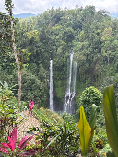 A scenic view of a multi-tiered waterfall surrounded by lush green vegetation. The water cascades down the rocky slopes, creating a beautiful spectacle. A viewing platform with a green railing offers a vantage point for tourists to admire the falls. A woman in pink stands on the platform. Exotic plants and trees frame the scene, adding to the natural beauty. The sky is partly cloudy, casting a soft light over the landscape.