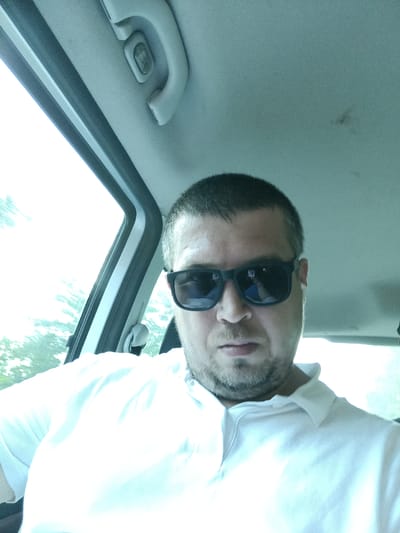 The media file is a selfie taken by a man inside a vehicle. The man is wearing sunglasses and a white polo shirt. He has short, dark hair and a beard. The interior of the car is visible, including the ceiling with a grab handle and light fixture, and the window frame. Outside the window, greenery and trees are visible, suggesting an outdoor setting with foliage. The lighting appears to be natural daylight, possibly indicating daytime. The man's expression is neutral. The overall scene suggests a casual moment of travel. The location context provided is Šternov, Czechia. There is no visible text in the media file.