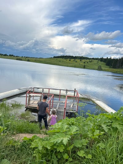 The image depicts a man and a young girl standing near a body of water, possibly a reservoir or lake, in Верх-Рождество, Russia. In the foreground, lush green vegetation, including large-leafed plants and tall grasses, partially obscures the view. A floating structure, featuring a wooden platform and a red metal frame, is situated in the water, connected by large white pipes. The man, wearing a dark t-shirt and black pants, and a black cap, is looking towards the structure, with his left hand outstretched. The girl, in a light purple dress, is holding his hand and looking towards the structure as well. The background reveals a sloping, grassy landscape dotted with trees, leading up to a horizon under a sky filled with a mix of white and dark clouds. The water surface reflects the sky and surrounding landscape.