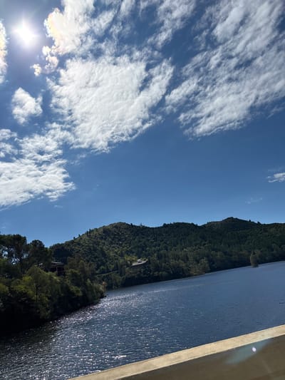 The media file captures a picturesque natural landscape under a bright, sunny sky, likely in Villa La Merced, Argentina. The image is oriented vertically, showing distinct zones of sky, mountains, and water.
In the bottom left quadrant, the bright sun is visible, partially obscured by white, fluffy clouds that exhibit subtle iridescent colors around the sun's strong flare. The sky continues towards the upper left with clear blue areas and wispy, streaky white clouds.
Running horizontally across the upper middle of the image is a densely forested mountain or hill range, covered in dark green foliage. Small, indistinct structures, possibly buildings, are faintly visible nestled within the trees on the distant slopes.
To the right of the forested mountains and extending across the bottom right portion of the image is a large body of dark blue water, likely a lake or reservoir. The surface of the water is brilliantly illuminated by the sun, creating numerous sparkling reflections. A light-colored, possibly concrete or stone, structure runs vertically along the far right edge, partially framing the water.
The scene depicts a clear, mid-day setting with scattered clouds, indicating good weather. There are no people or specific activities taking place, contributing to a sense of natural tranquility and vastness. No visible text is present in the image.