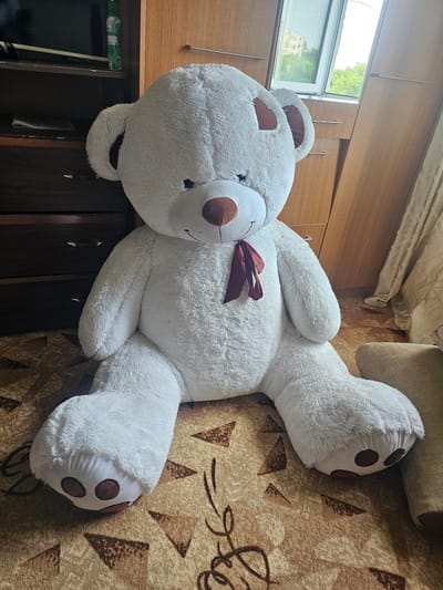 A large, white plush teddy bear with brown accents on its ears, snout, and paws lies on a patterned brown blanket. A dark red bow is tied around its neck. The teddy bear is the primary subject. The background shows a wooden cabinet with a window above it, offering a glimpse of green trees and a cloudy sky, suggesting an indoor setting. The lighting appears to be natural, coming from the window, and the overall impression is that of a domestic interior, possibly a bedroom or living area. No people are visible in the image. The activity taking place is simply the static display of the teddy bear within its environment. Notable details include the textured fur of the bear and the geometric pattern of the blanket. No text is visible in the image. The location context provided is Таёжное, Russia.
