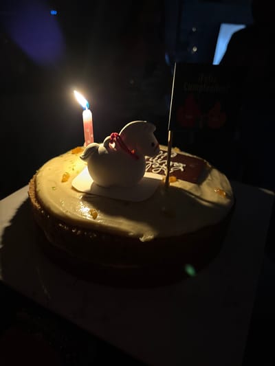 A round birthday cake is centrally positioned in a dimly lit indoor environment in San Borja, Peru. The cake features a light-colored, possibly off-white or yellowish, smooth topping, garnished with small, bright green specks and translucent orange pieces, consistent with citrus zest and candied fruit. A distinct, light brown, crumbly crust is visible around the cake's circumference. A single, lit pink candle with white polka dots stands upright on the cake, emitting the primary illumination, creating a bright flame and casting shadows. Adjacent to the candle is a small, white, stylized figurine of a horse, adorned with a red ribbon and resting on a white base. Further right on the cake, a small black flag on a wooden stick displays the white text "¡Feliz Cumpleaños!" (Happy Birthday!) above two red, stylized, flame-like or heart-shaped graphics. Another small, dark rectangular chocolate plaque or decoration with illegible white frosting writing is also present on the cake surface. The cake rests on a white square board, which is on a darker surface. The background is predominantly dark, with faint blue and green light sources visible in the upper left and lower right quadrants, respectively, suggesting ambient electronic or reflective light. No individuals are visible. The scene depicts a paused moment of a birthday celebration.