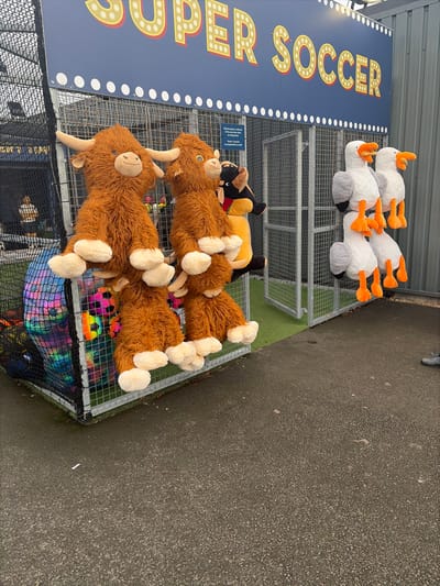 The image displays an outdoor amusement game stall, located in East Lindsey, United Kingdom. A prominent blue sign spanning the top of the stall reads "SUPER SOCCER" in large yellow letters designed to resemble illuminated bulbs. The stall features a metal cage enclosure with black netting on the left side, appearing to be a target or goal area. Numerous plush toy prizes are displayed on the exterior of the cage structure. On the left, four large, brown, shaggy plush toys, identifiable as Highland cows with light-colored muzzles and small horns, hang vertically in two pairs. Below and behind them, visible through the netting, is a collection of brightly colored, patterned soccer balls. To the right, five white plush toys resembling seagulls or ducks, characterized by orange beaks and feet, hang in two rows. A dark-colored plush toy is partially visible behind the Highland cow prizes. The immediate ground in the foreground consists of dark grey asphalt or concrete paving. Inside the game enclosure, the ground is covered with green artificial turf. In the far left background, a single individual is partially visible, standing near an indistinct background structure. The ambient lighting suggests an overcast sky.