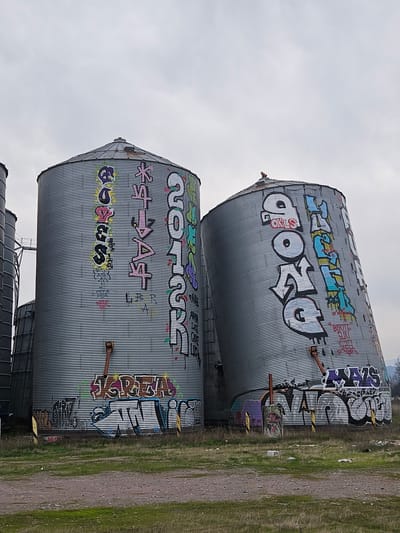 Two large, corrugated metal grain silos, covered in graffiti, stand in an outdoor, rural environment under an overcast sky. The silos are silver-toned and cylindrical with conical tops. The graffiti consists of various tags and lettering in multiple colors, including pink, yellow, blue, white, and black. Some of the graffiti appears to be spray-painted in large, blocky letters, while other tags are smaller and more intricate.

The silo on the left is upright, and the graffiti on it includes the words "GIGA," "GREA," and what appears to be "NTX." The silo on the right is leaning significantly to the right, giving it a distorted appearance. The graffiti on this silo includes the word "SONO" in large letters and "MACHAE" vertically.

In the foreground, dry grass and dirt are visible. Some scattered debris, including pieces of white plastic, are present on the ground. The environment appears to be an undeveloped area, possibly on the outskirts of a town or city, given the presence of the industrial silos. The scene is devoid of any people or animals.