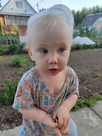 A young child with fair hair and blue eyes stands outdoors. The child wears a shirt patterned with animal illustrations. The location is likely a domestic garden, as indicated by cultivated soil and garden structures in the background. Houses and what appear to be greenhouse structures are also visible, suggesting a rural or suburban setting. Details in the picture support the location as Sovetsko-Nikol'skoe, Russia, given the presence of typical rural Russian architecture.