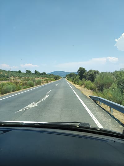 The image shows a view from inside a car, looking out through the windshield at a road stretching into the distance. The road is asphalt with white lane markings and a large white arrow pointing to the left. On the left side of the road, there are olive trees and other vegetation, with rolling hills and a distant mountain range under a clear blue sky with a few white clouds. On the right side of the road, there is a metal guardrail and more dense green vegetation. The dashboard of the car is visible in the foreground. The scene appears to be a rural area in Spain, likely in the vicinity of Hernán-Pérez, given the context of the olive groves which are common in that region of Extremadura. The weather is sunny and clear, suggesting a warm day. There are no people or other vehicles visible in the immediate scene.